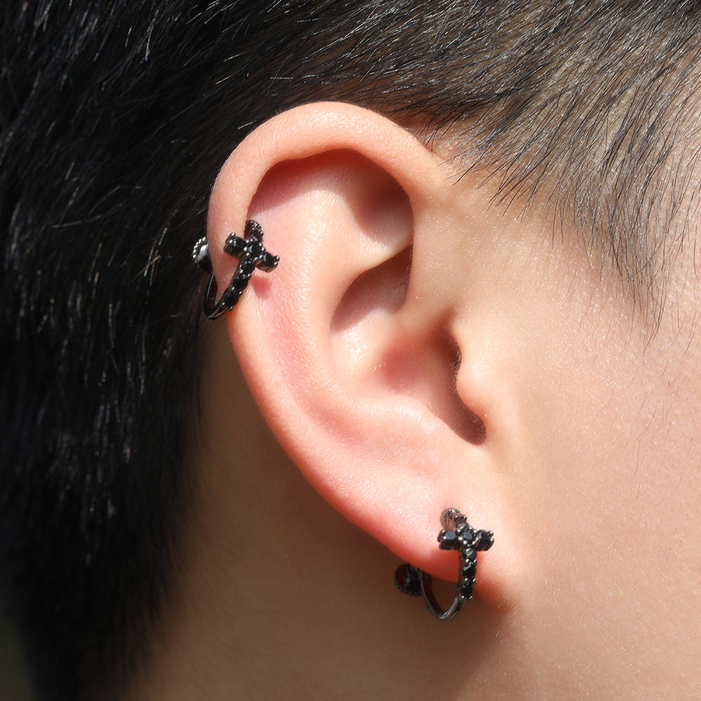 Hip Hop Zircon Black Spiral Clasp Cross Earrings by nowadaysfashion