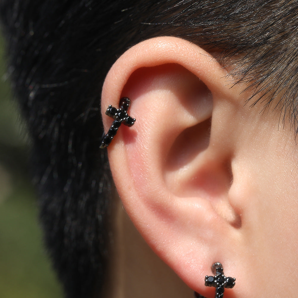 Hip Hop Zircon Black Spiral Clasp Cross Earrings by nowadaysfashion