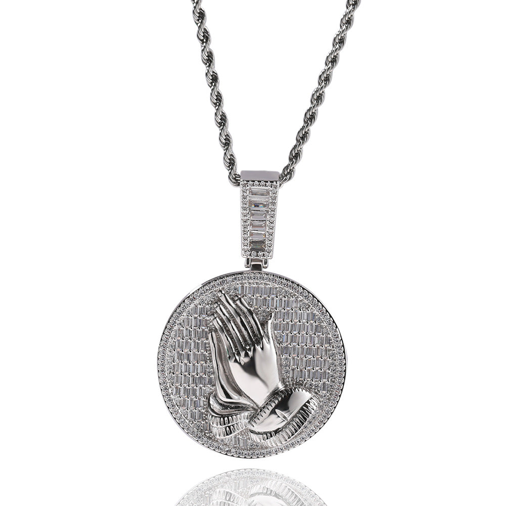 Hip-hop round disc zircon-encrusted praying hands pendant by nowadaysfashion