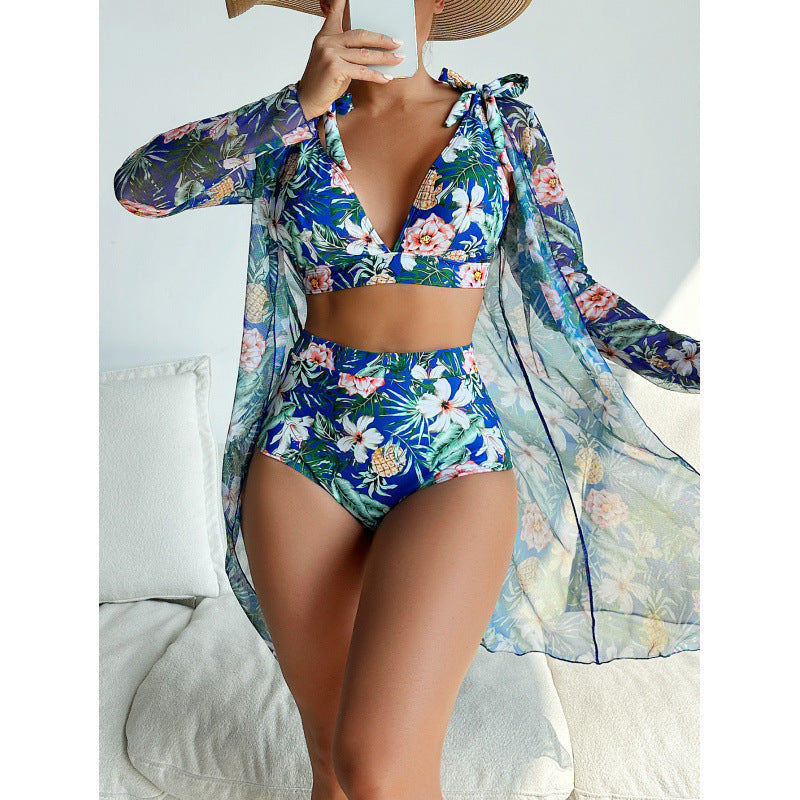 Swimwear Women Split Long Sleeved Blouse Sexy Print Bikini Swimsuit Three Piece Swimsuit by Bella Mia