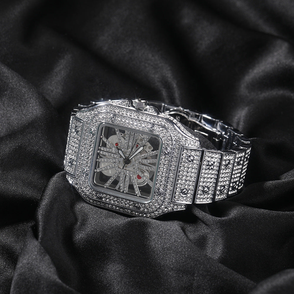 Hip-hop diamond-encrusted hollowed-out square watch by nowadaysfashion