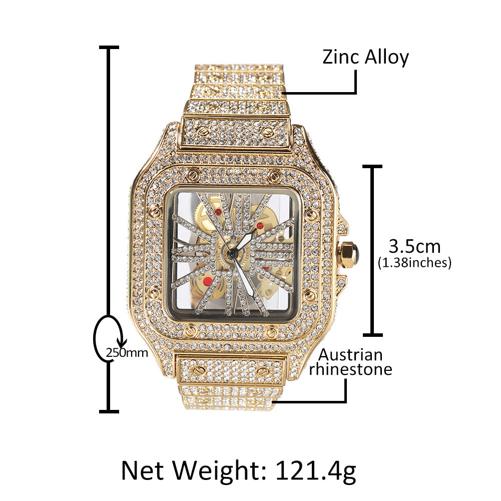 Hip-hop diamond-encrusted hollowed-out square watch by nowadaysfashion