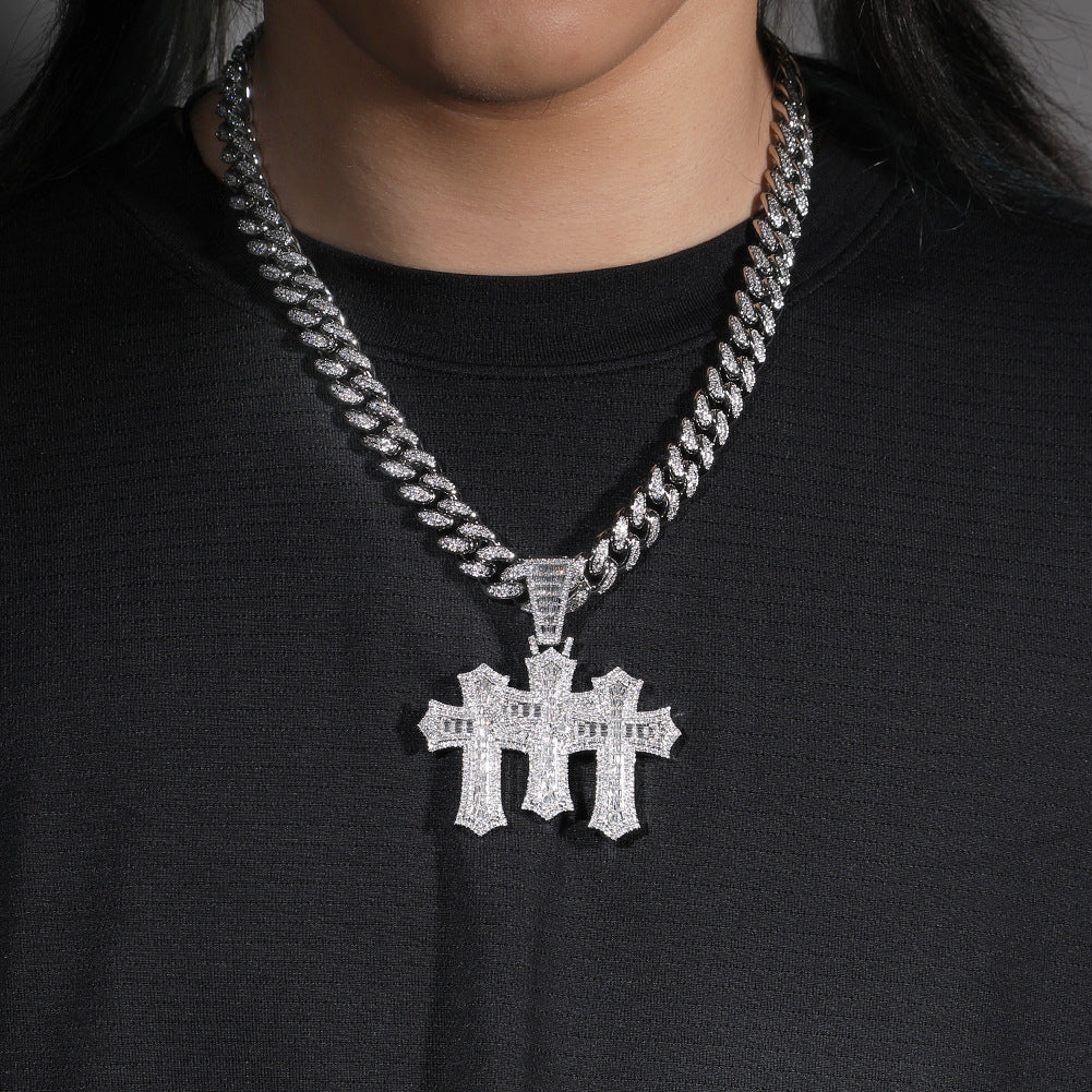 Hip-hop diamond-encrusted zircon three-cross Cuban necklace by nowadaysfashion
