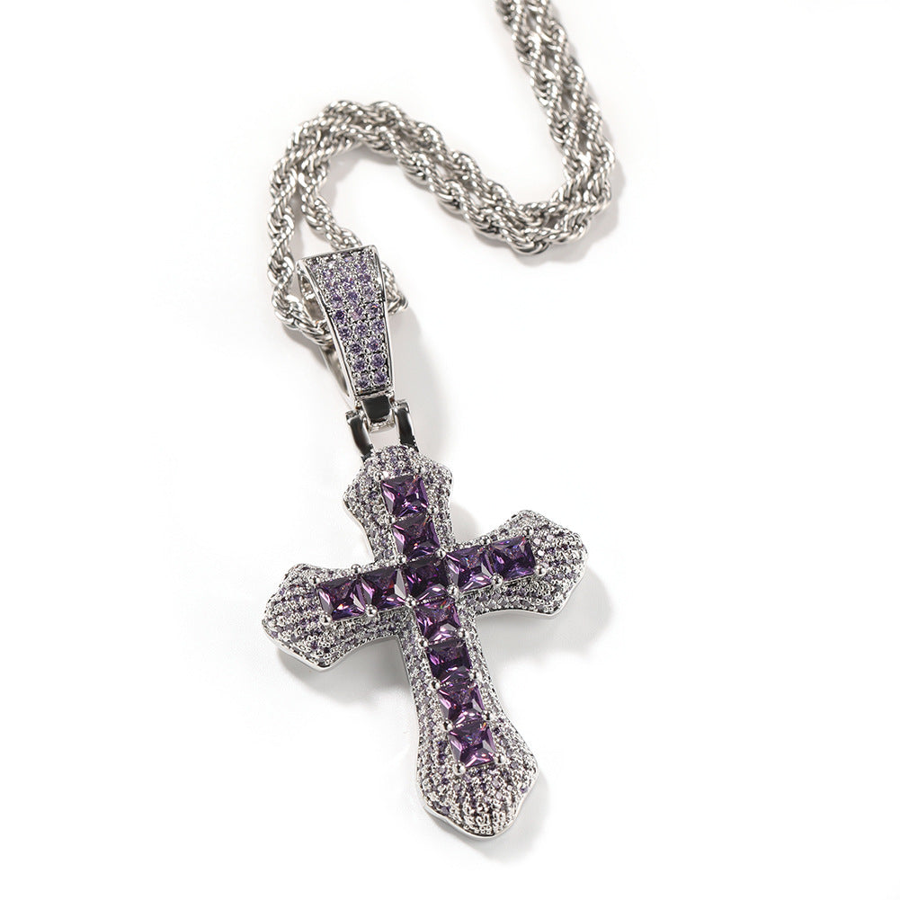 Hip-hop copper-inlaid purple zircon cross necklace by nowadaysfashion