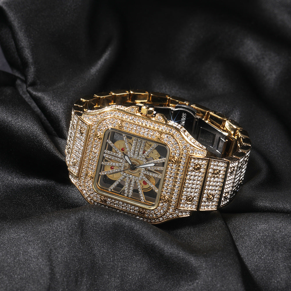 Hip-hop diamond-encrusted hollowed-out square watch by nowadaysfashion