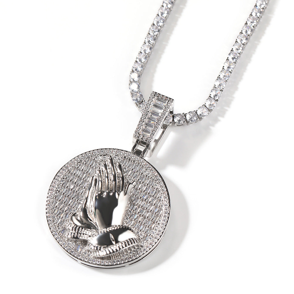Hip-hop round disc zircon-encrusted praying hands pendant by nowadaysfashion