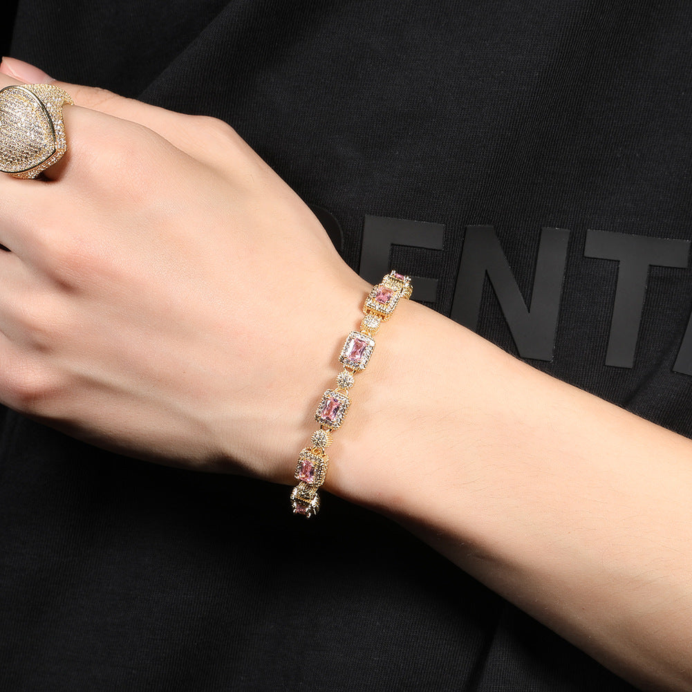 Copper inlaid pink zircon hip-hop bracelet by nowadaysfashion