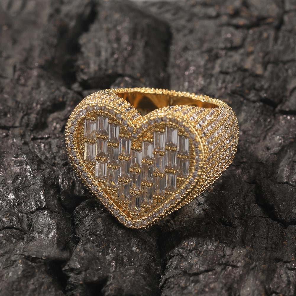 Hip-hop T-square heart-shaped zircon ring by nowadaysfashion
