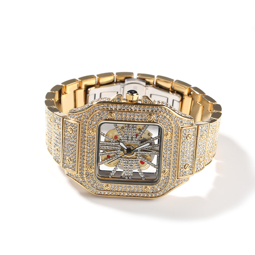 Hip-hop diamond-encrusted hollowed-out square watch by nowadaysfashion