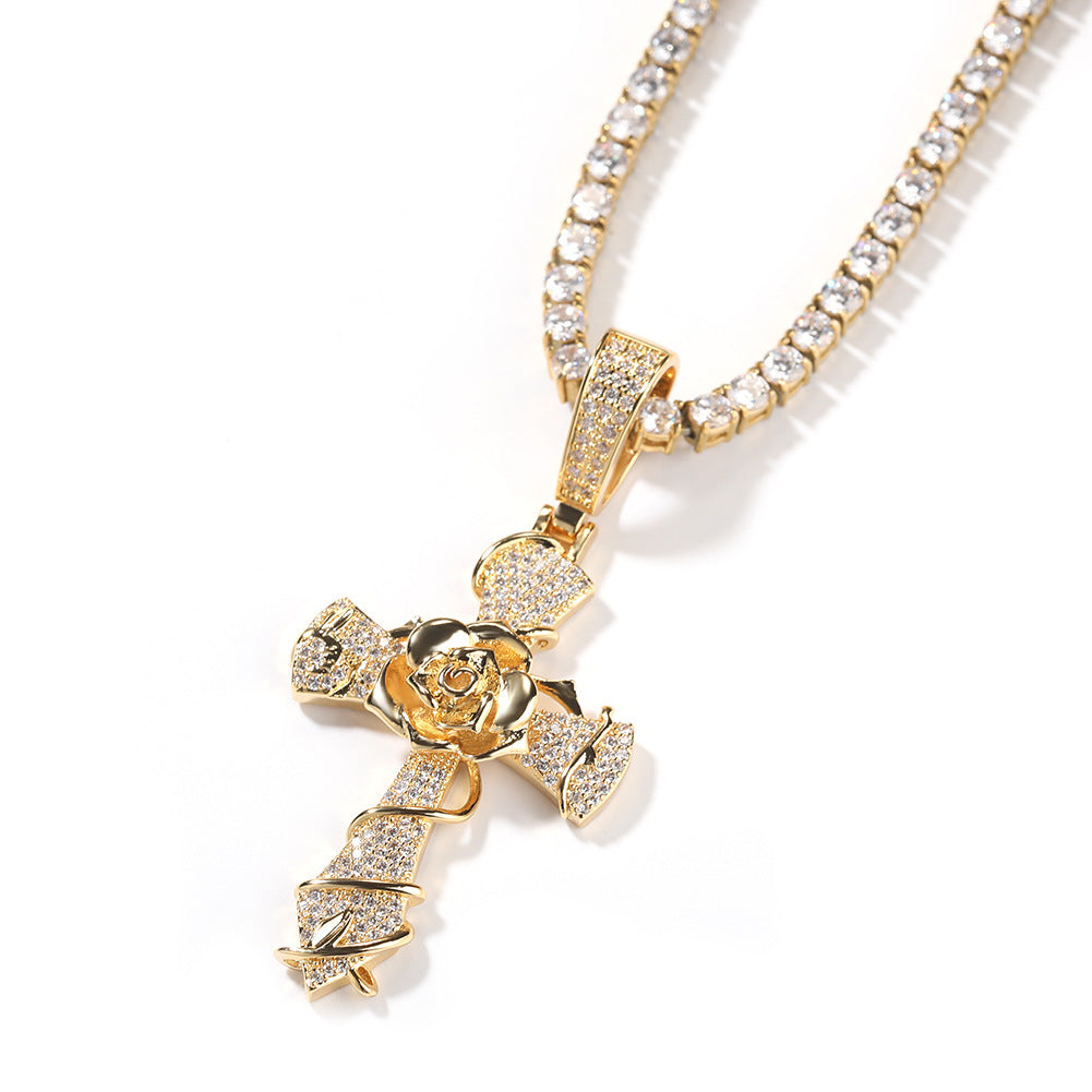 Hip-hop rose cross necklace with 5A zircon inlay by nowadaysfashion
