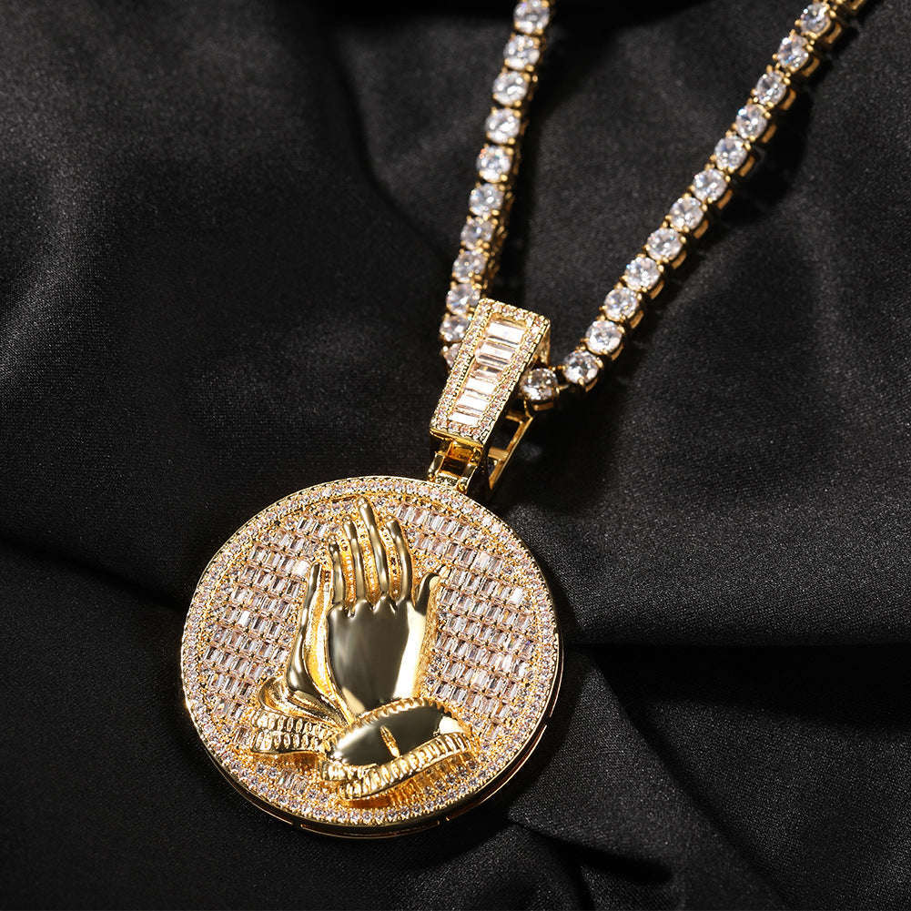 Hip-hop round disc zircon-encrusted praying hands pendant by nowadaysfashion