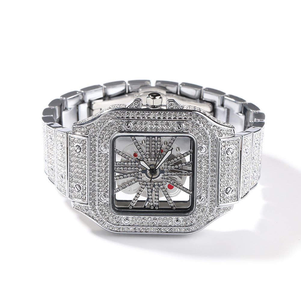 Hip-hop diamond-encrusted hollowed-out square watch by nowadaysfashion