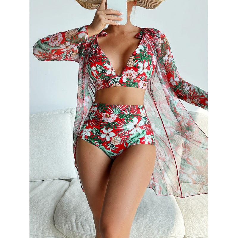 Swimwear Women Split Long Sleeved Blouse Sexy Print Bikini Swimsuit Three Piece Swimsuit by Bella Mia