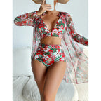 Swimwear Women Split Long Sleeved Blouse Sexy Print Bikini Swimsuit Three Piece Swimsuit by Bella Mia