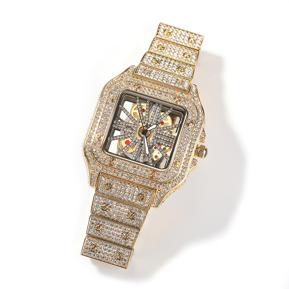 Hip-hop diamond-encrusted hollowed-out square watch by nowadaysfashion