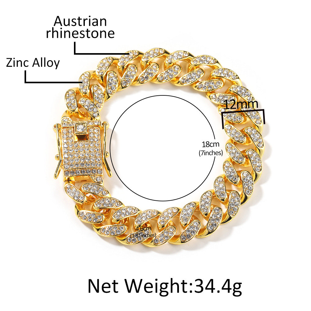 Hip-Hop 12mm Diamond-Encrusted Cuban Chain Bracelet by nowadaysfashion