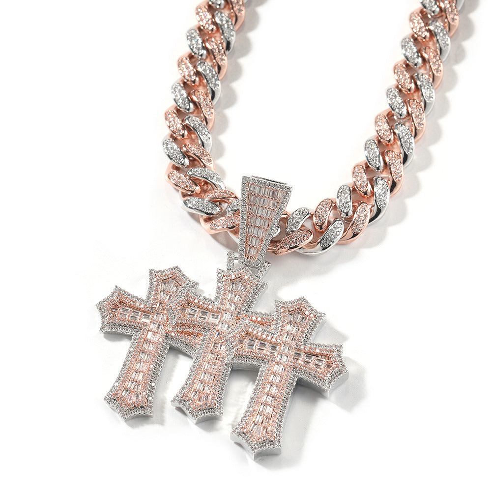 Hip-hop diamond-encrusted zircon three-cross Cuban necklace by nowadaysfashion