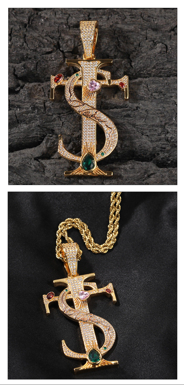Hip-hop colored zircon TS cross necklace by nowadaysfashion