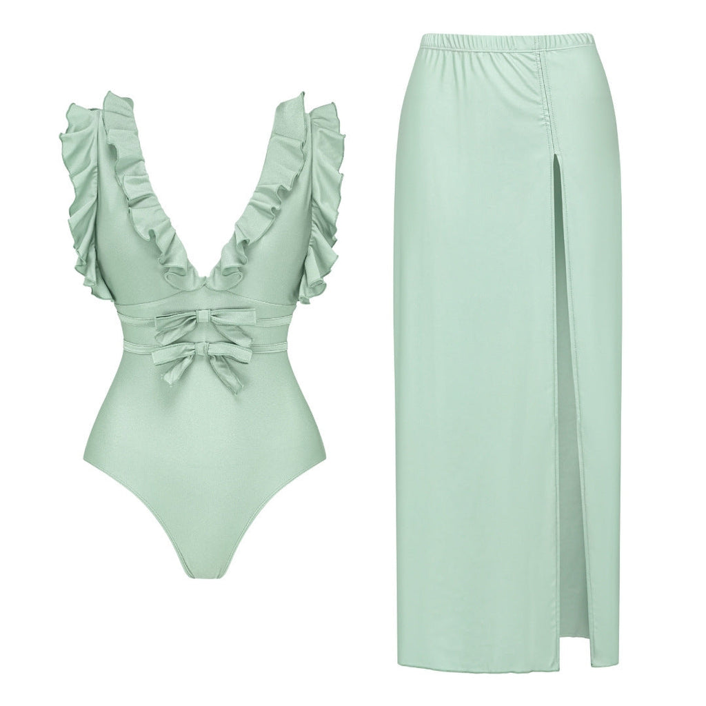 Women Swimsuit Solid Color Bow Decoration One Piece Swimsuit Set by Bella Mia
