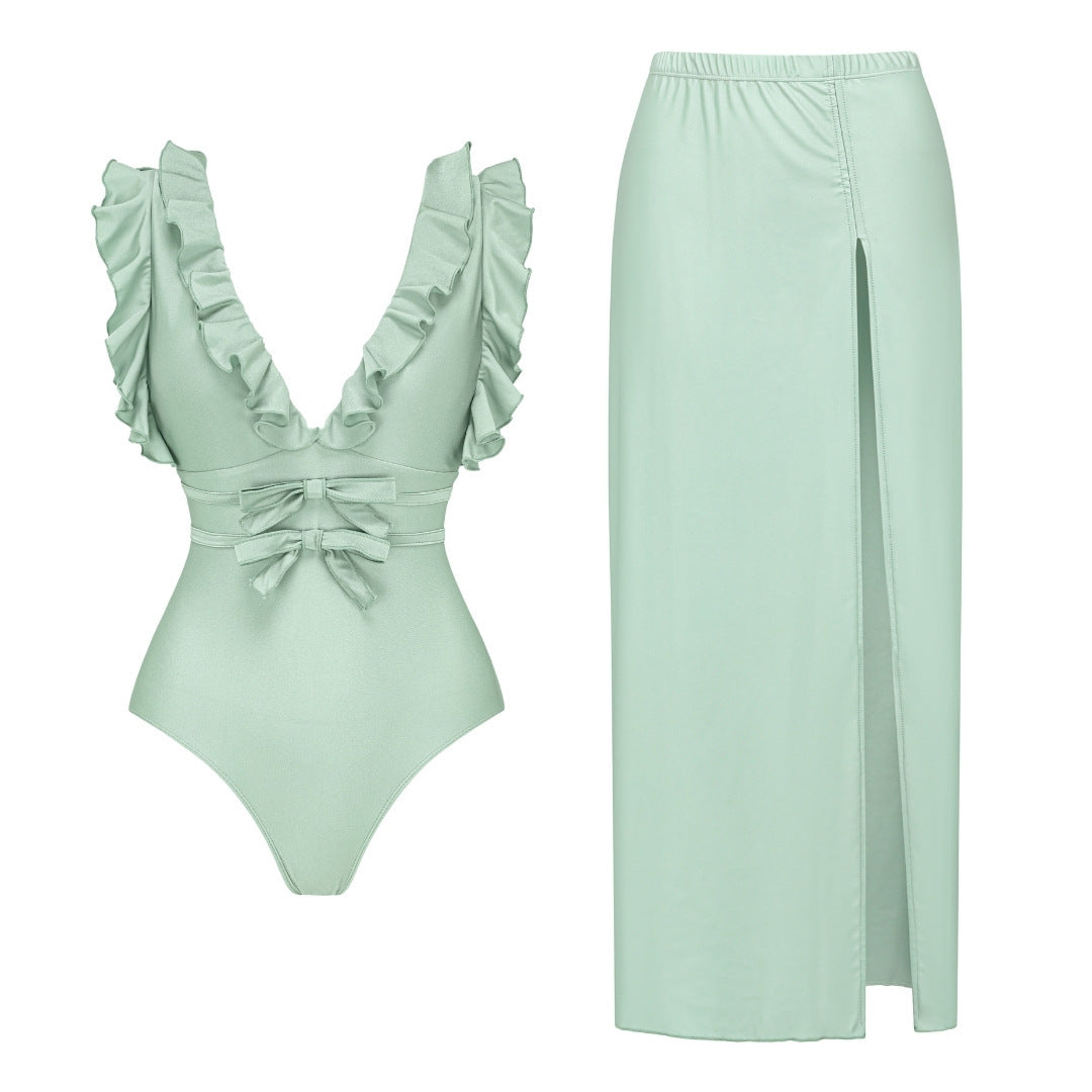Women Swimsuit Solid Color Bow Decoration One Piece Swimsuit Set by Bella Mia