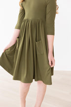 Olive 3/4 Sleeve Pocket Twirl Dress by Mila & Rose ®