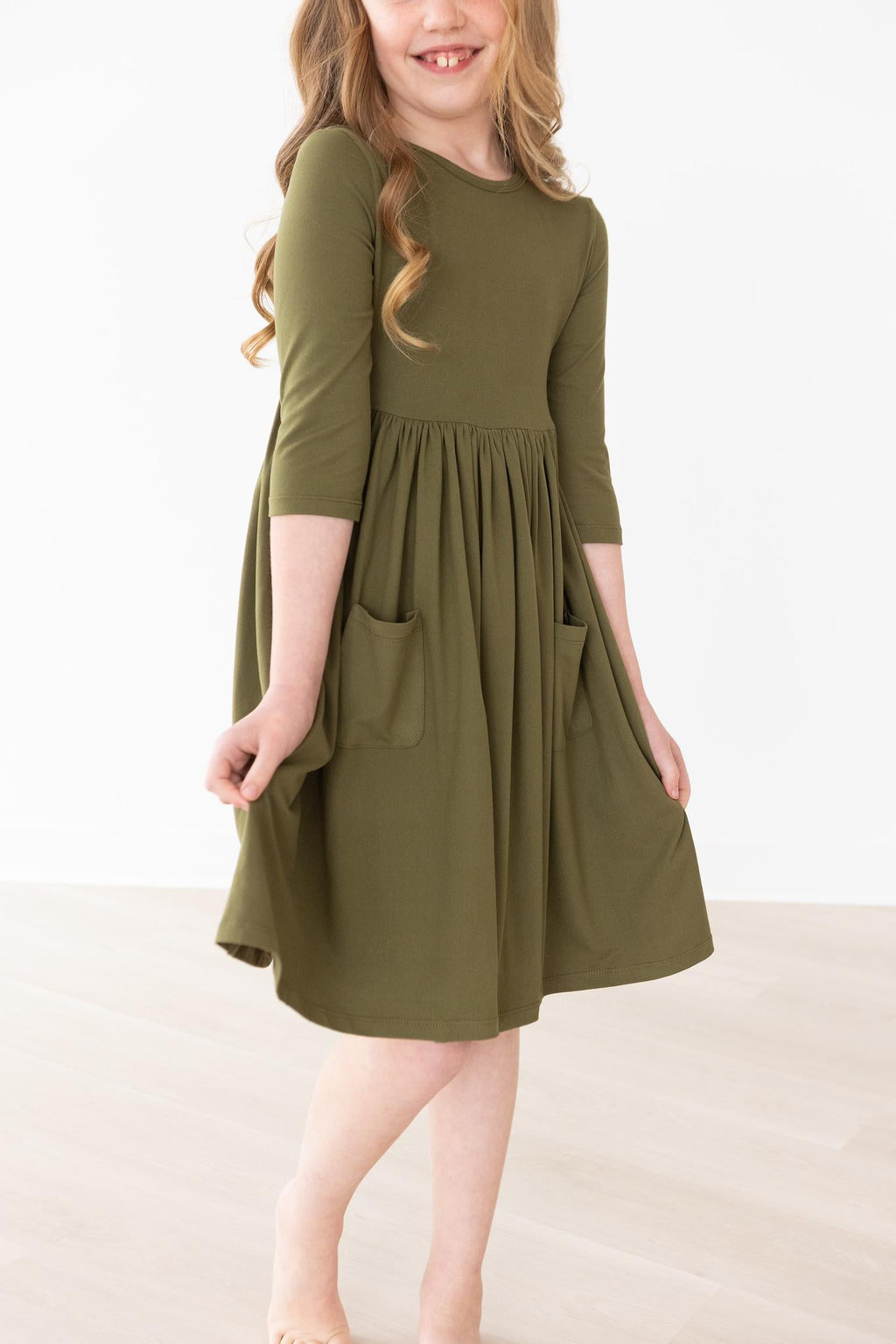 Olive 3/4 Sleeve Pocket Twirl Dress by Mila & Rose ®