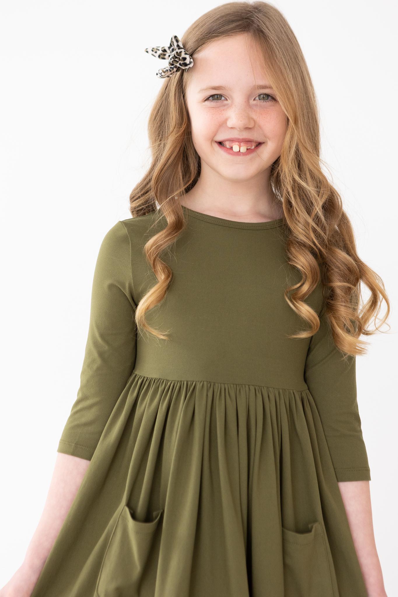 Olive 3/4 Sleeve Pocket Twirl Dress by Mila & Rose ®