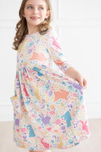 Pastel Floral Bunnies 3/4 Sleeve Pocket Twirl Dress by Mila & Rose ®