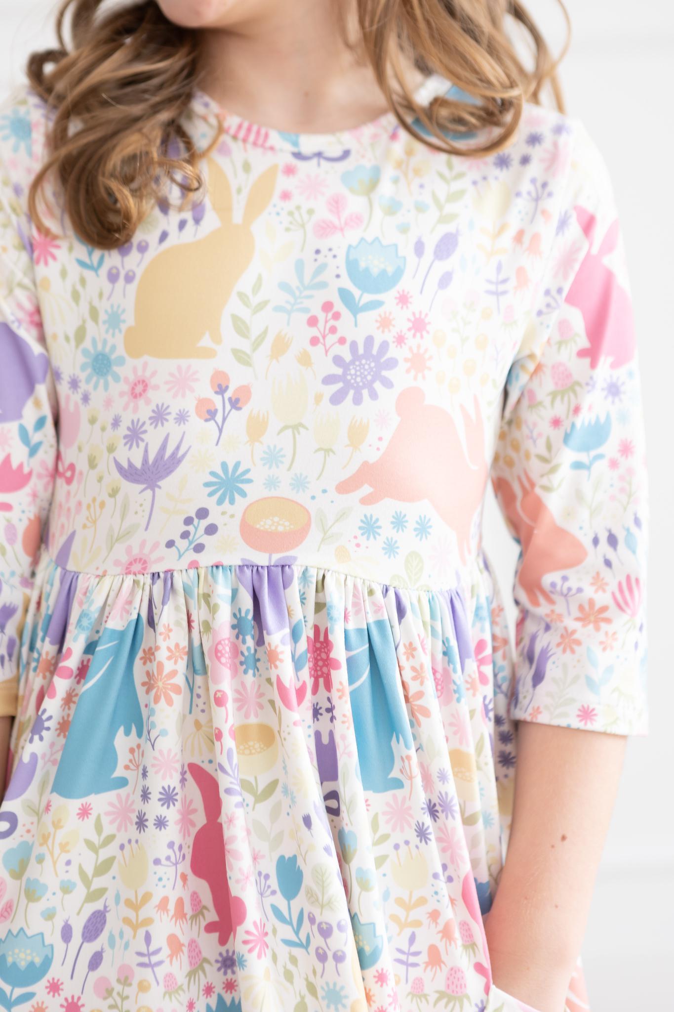 Pastel Floral Bunnies 3/4 Sleeve Pocket Twirl Dress by Mila & Rose ®