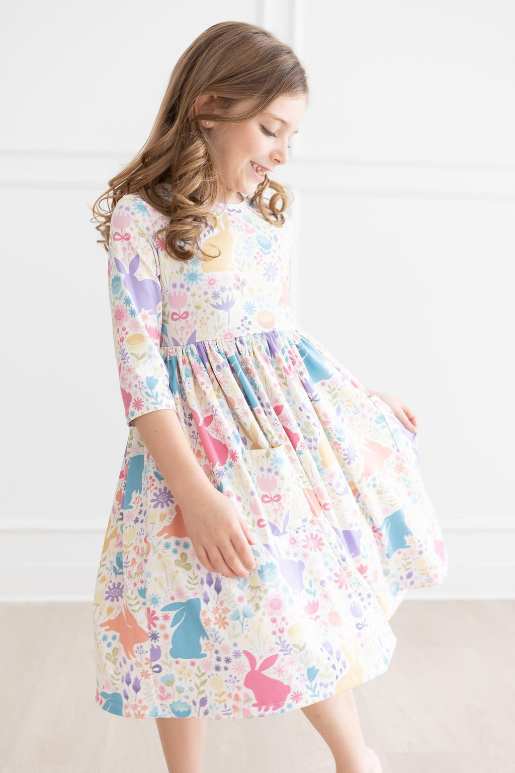Pastel Floral Bunnies 3/4 Sleeve Pocket Twirl Dress by Mila & Rose ®