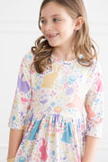 Pastel Floral Bunnies 3/4 Sleeve Pocket Twirl Dress by Mila & Rose ®