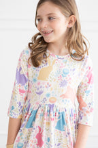 Pastel Floral Bunnies 3/4 Sleeve Pocket Twirl Dress by Mila & Rose ®