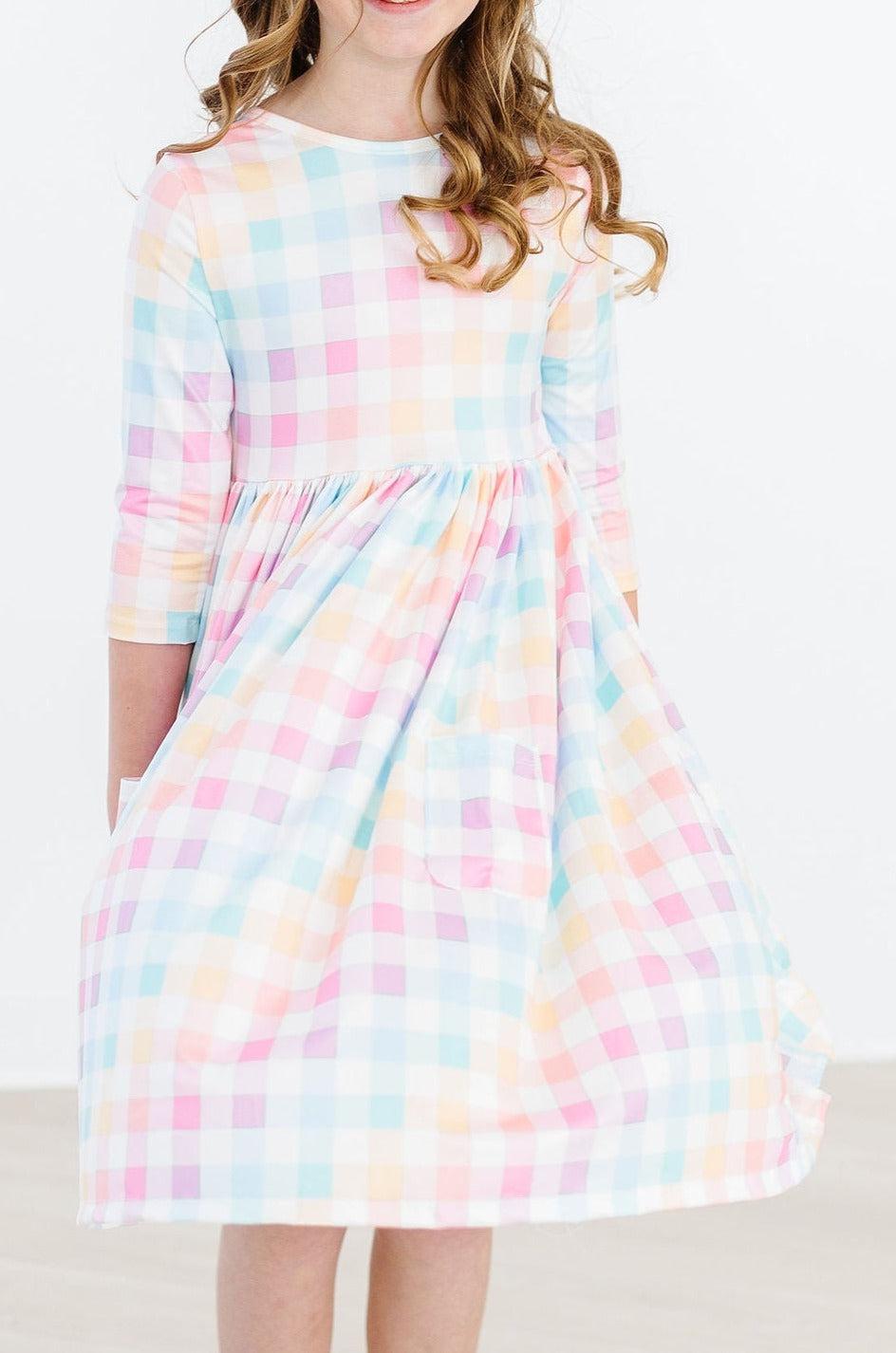 Pastel Plaid 3/4 Sleeve Pocket Twirl Dress by Mila & Rose ®