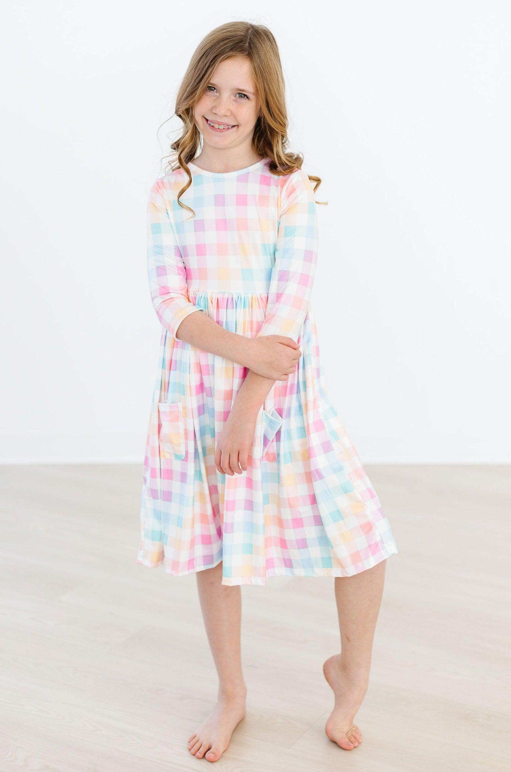 Pastel Plaid 3/4 Sleeve Pocket Twirl Dress by Mila & Rose ®