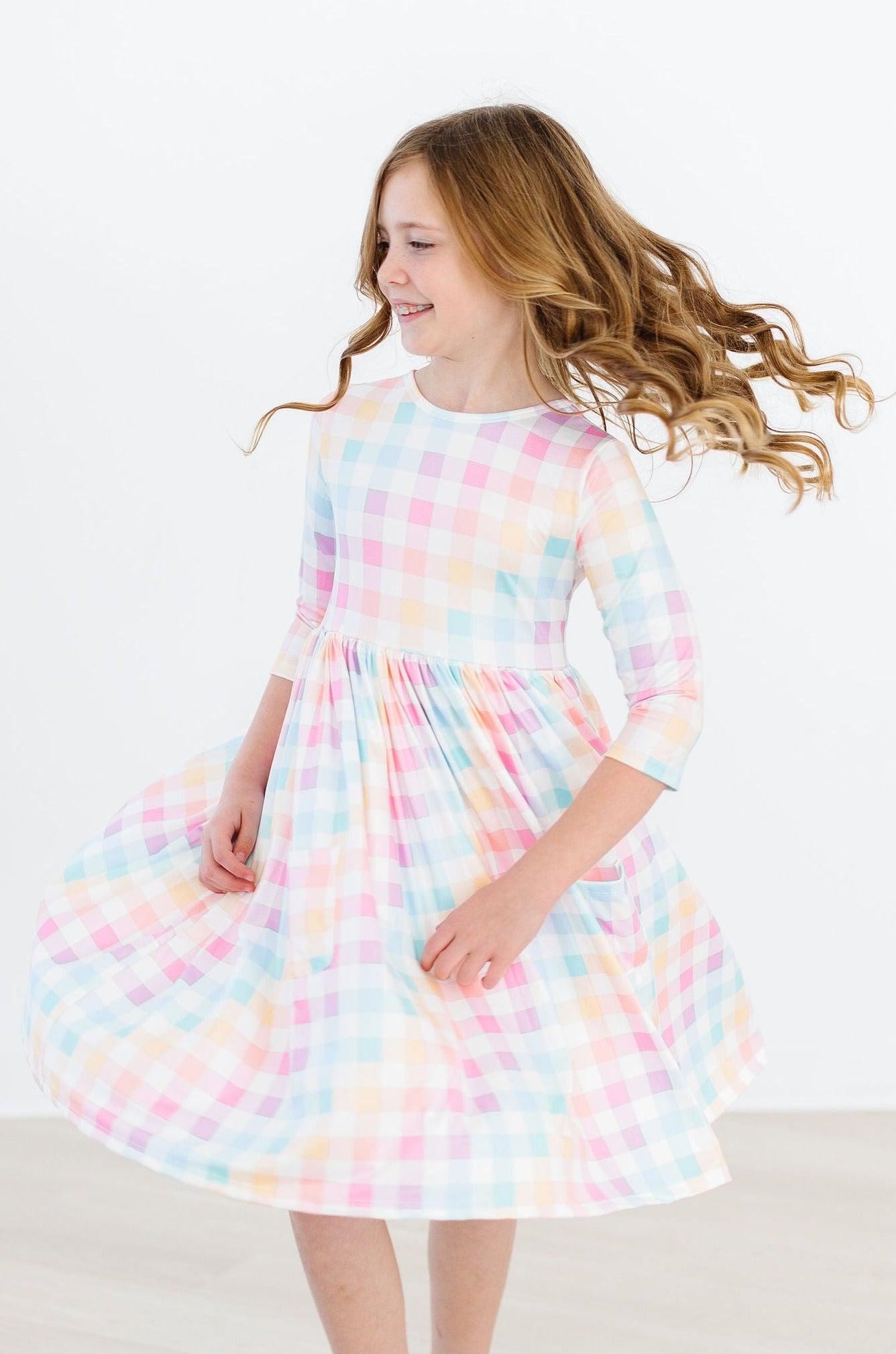 Pastel Plaid 3/4 Sleeve Pocket Twirl Dress by Mila & Rose ®