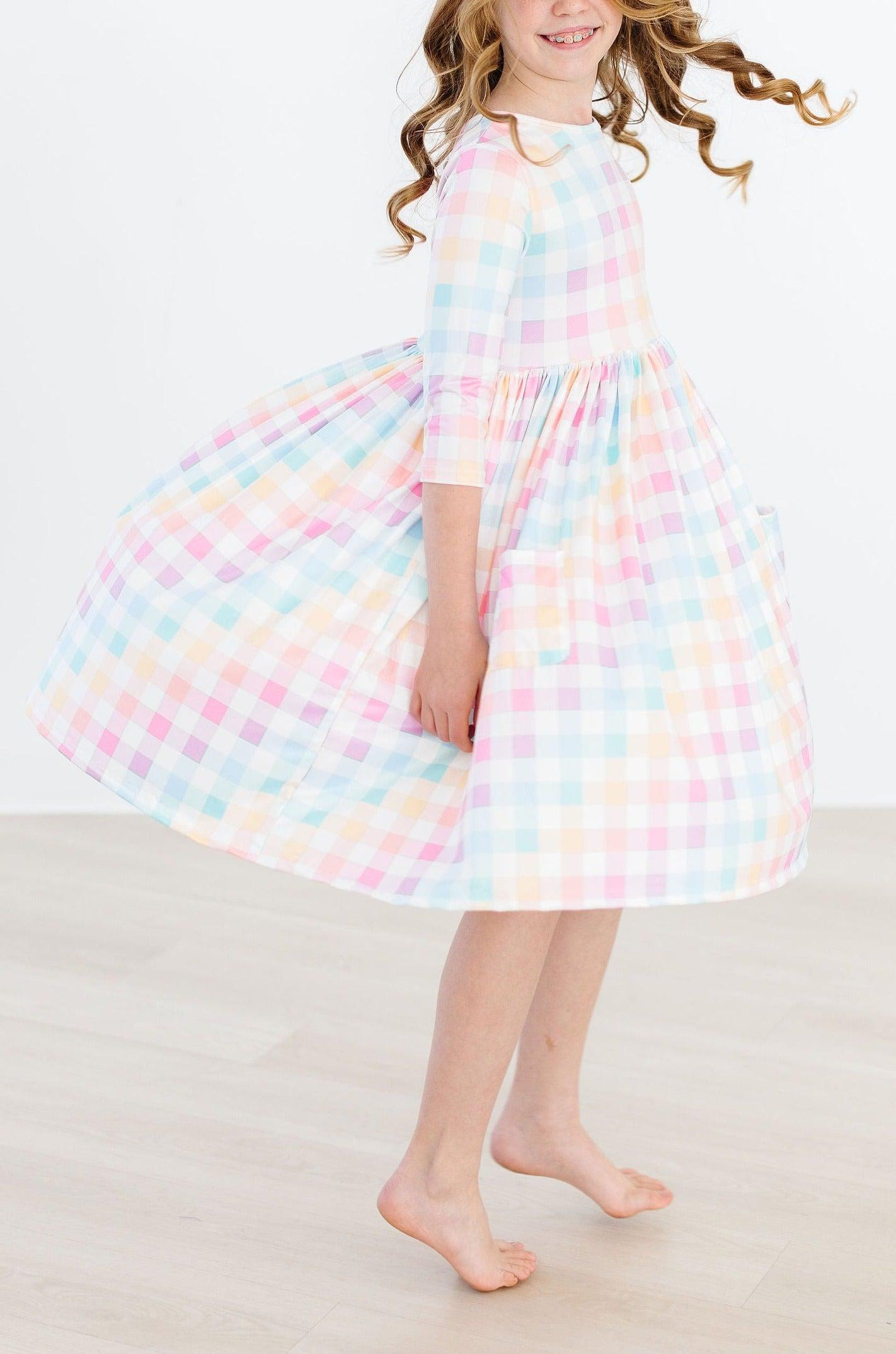 Pastel Plaid 3/4 Sleeve Pocket Twirl Dress by Mila & Rose ®