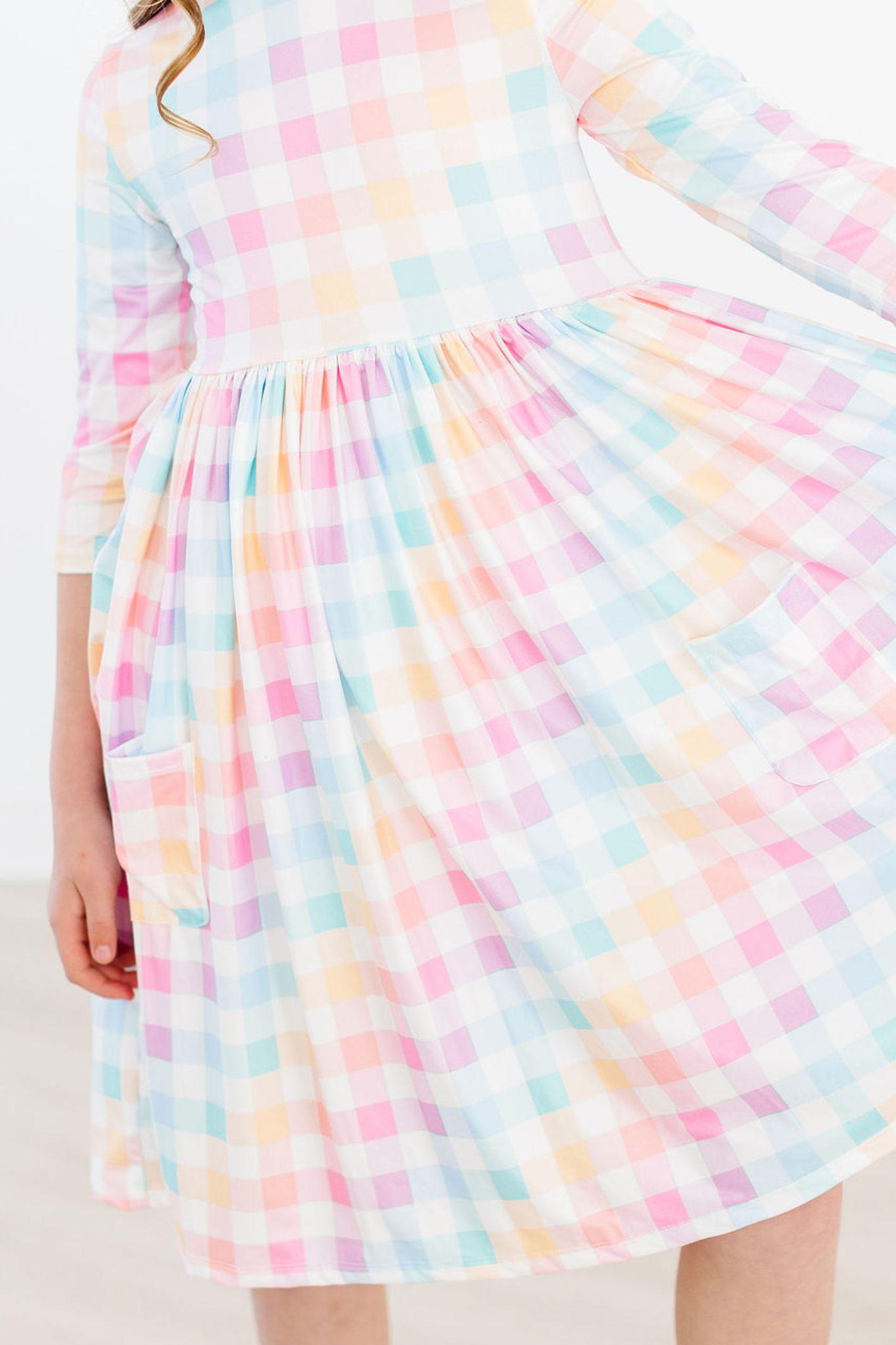 Pastel Plaid 3/4 Sleeve Pocket Twirl Dress by Mila & Rose ®