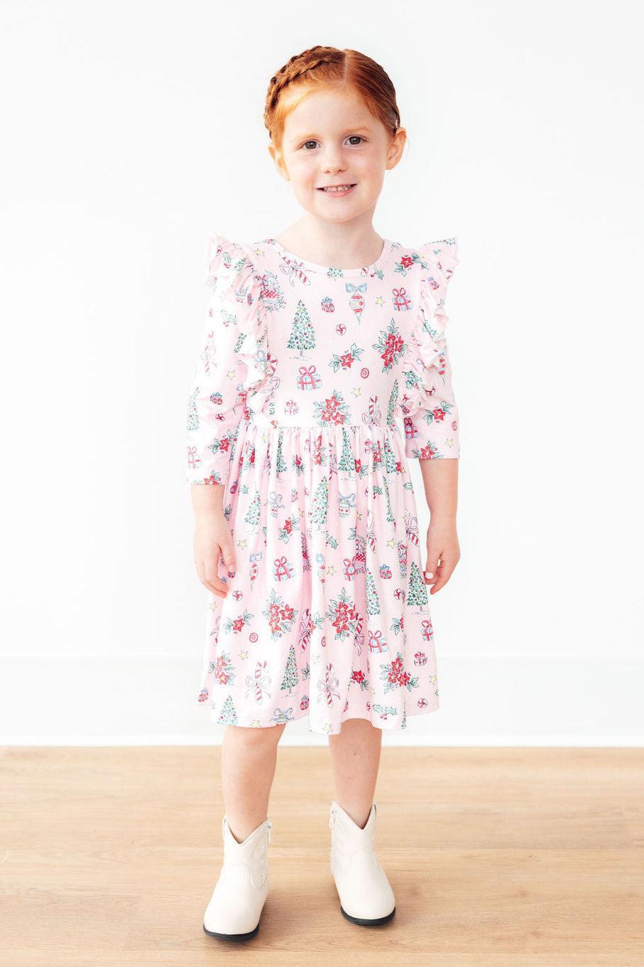 Pink Christmas 3/4 Sleeve Ruffle Twirl Dress by Mila & Rose ®