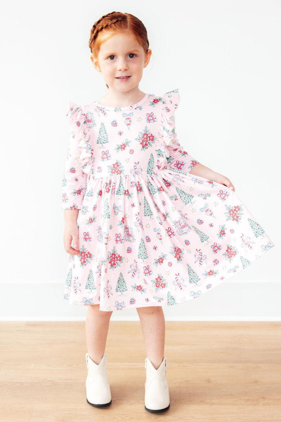 Pink Christmas 3/4 Sleeve Ruffle Twirl Dress by Mila & Rose ®
