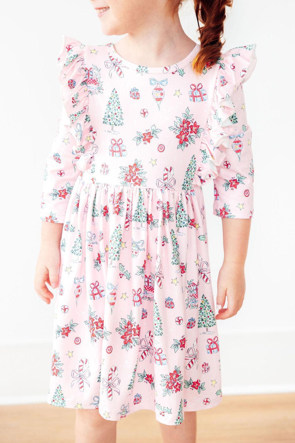 Pink Christmas 3/4 Sleeve Ruffle Twirl Dress by Mila & Rose ®