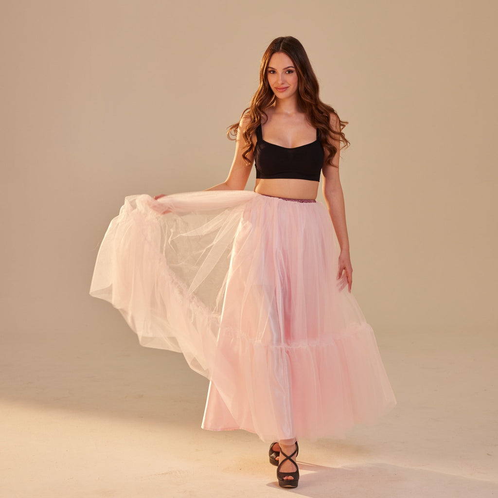 Pink Layered Tulle Skirt , Ruffled Maxi Skirt for Women, Long Tulle Skirt, Elegant Bridesmaid Skirt, by Bridal Port