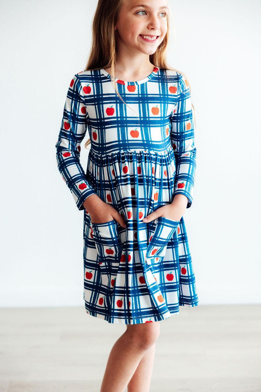 Plaid Apples L/S Pocket Twirl Dress by Mila & Rose ®