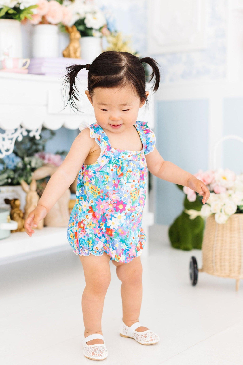 Preppy Floral Ruffle Cross Back Romper by Mila & Rose ®
