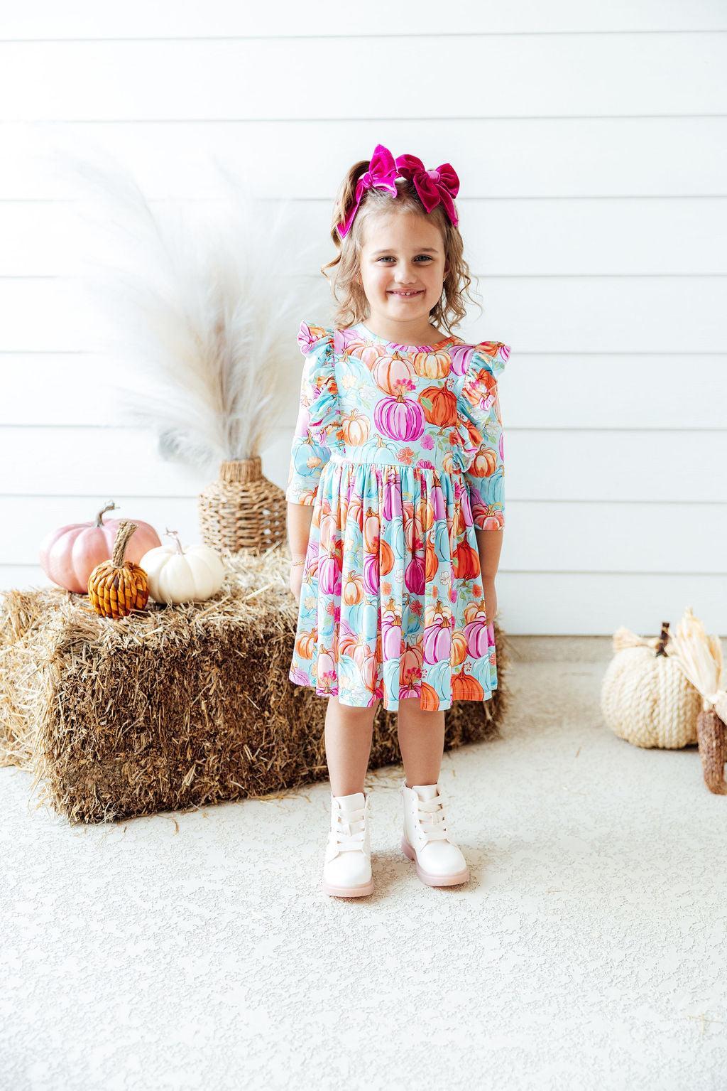 Preppy Pumpkins 3/4 Sleeve Ruffle Twirl Dress by Mila & Rose ®