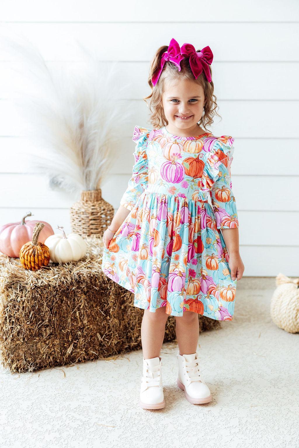 Preppy Pumpkins 3/4 Sleeve Ruffle Twirl Dress by Mila & Rose ®
