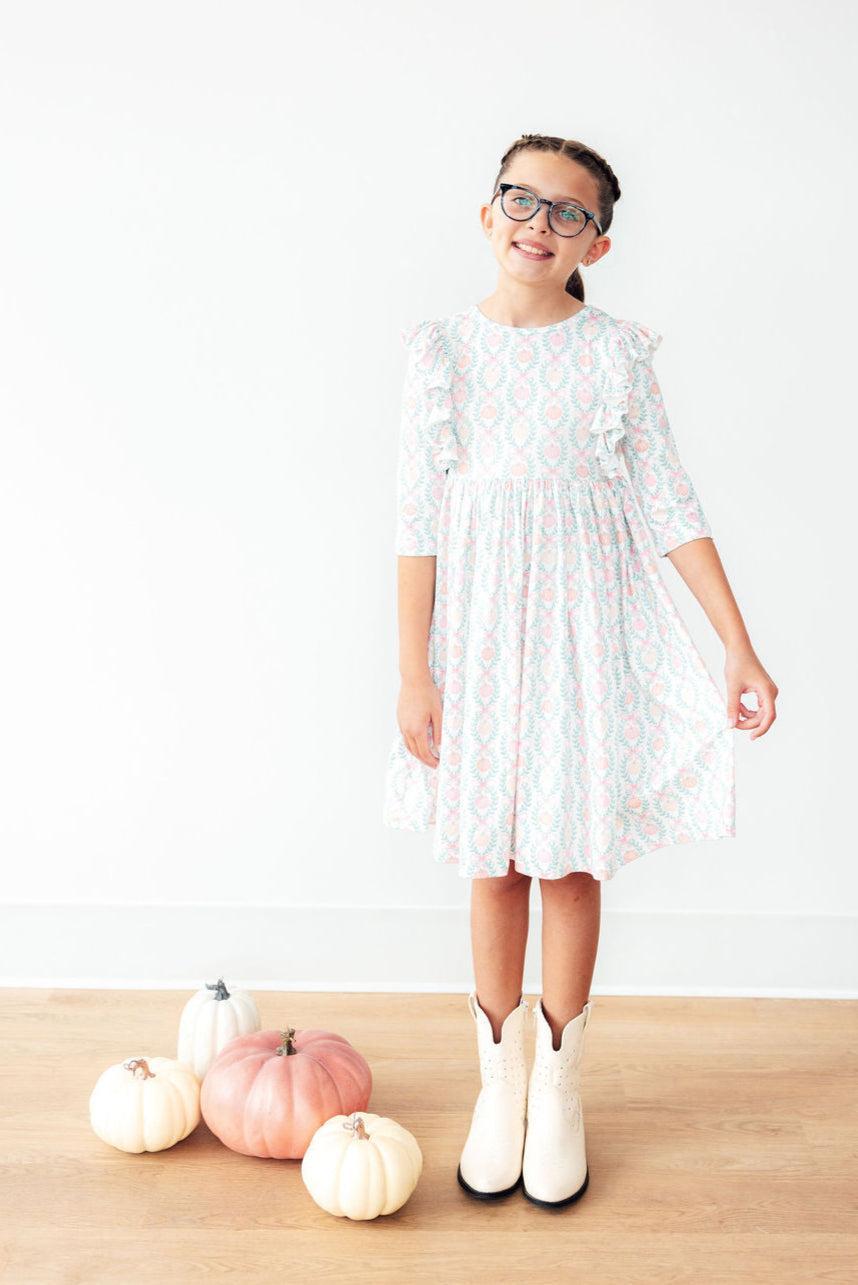 Pumpkin Kisses, Harvest Wishes 3/4 Sleeve Ruffle Twirl Dress by Mila & Rose ®