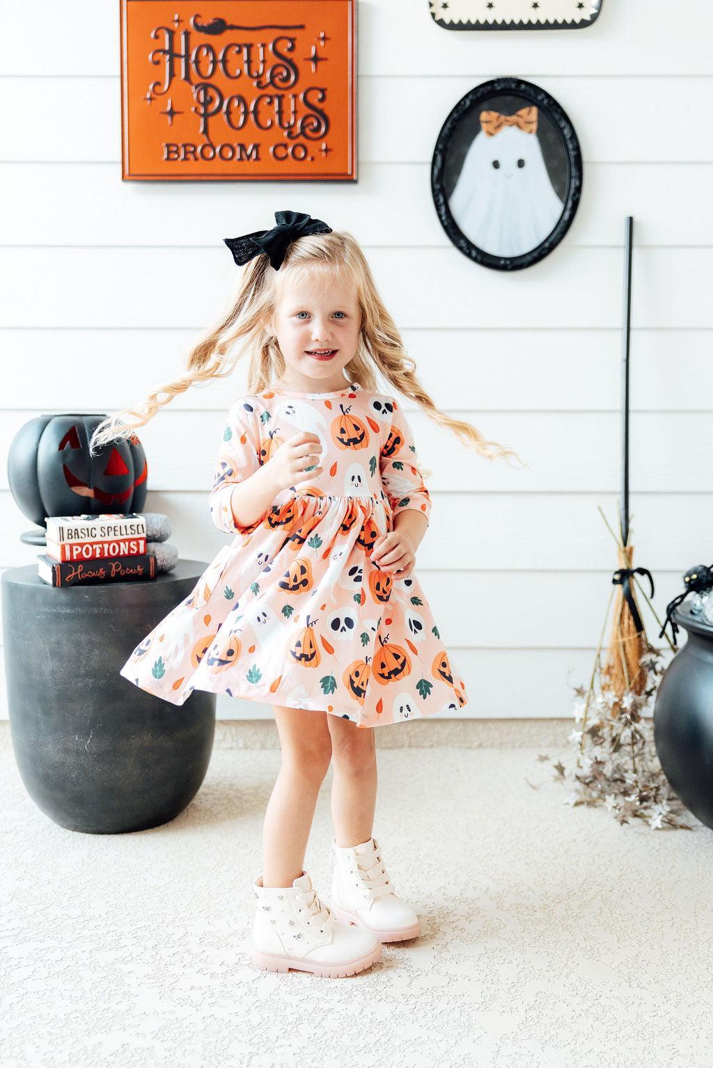 Pumpkin Peekaboo 3/4 Sleeve Pocket Twirl Dress by Mila & Rose ®