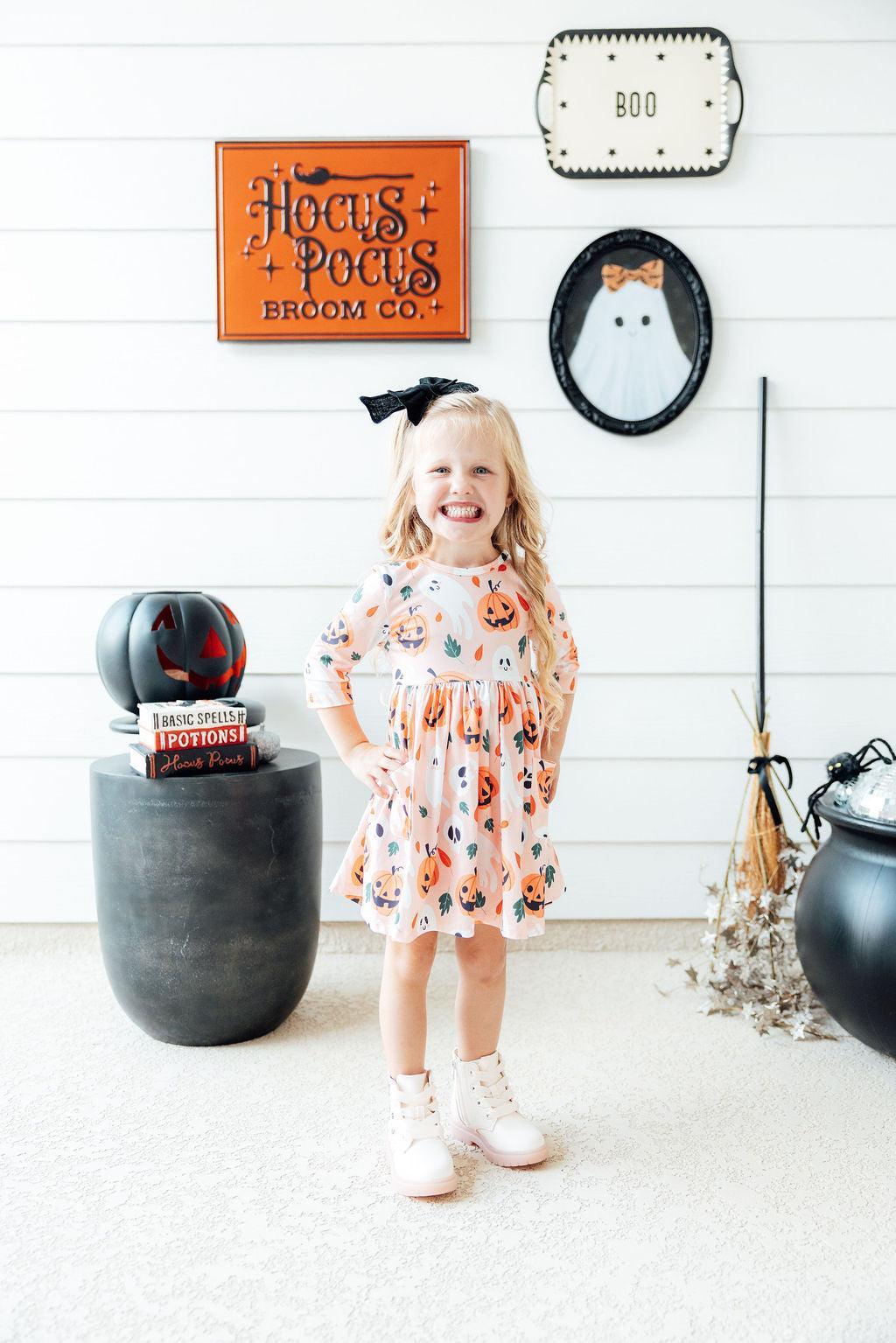 Pumpkin Peekaboo 3/4 Sleeve Pocket Twirl Dress by Mila & Rose ®