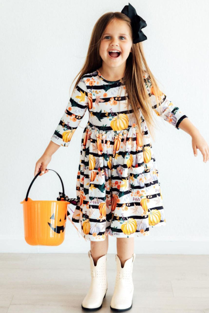 Pumpkins & Peonies 3/4 Sleeve Pocket Twirl Dress by Mila & Rose ®
