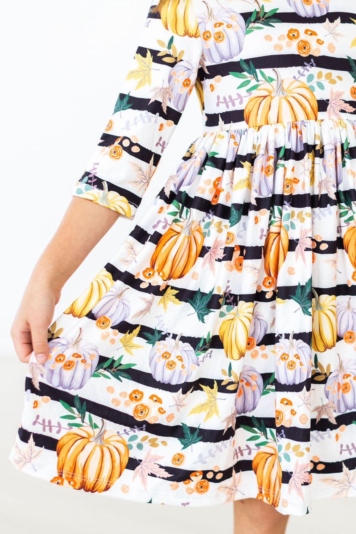 Pumpkins & Peonies 3/4 Sleeve Pocket Twirl Dress by Mila & Rose ®